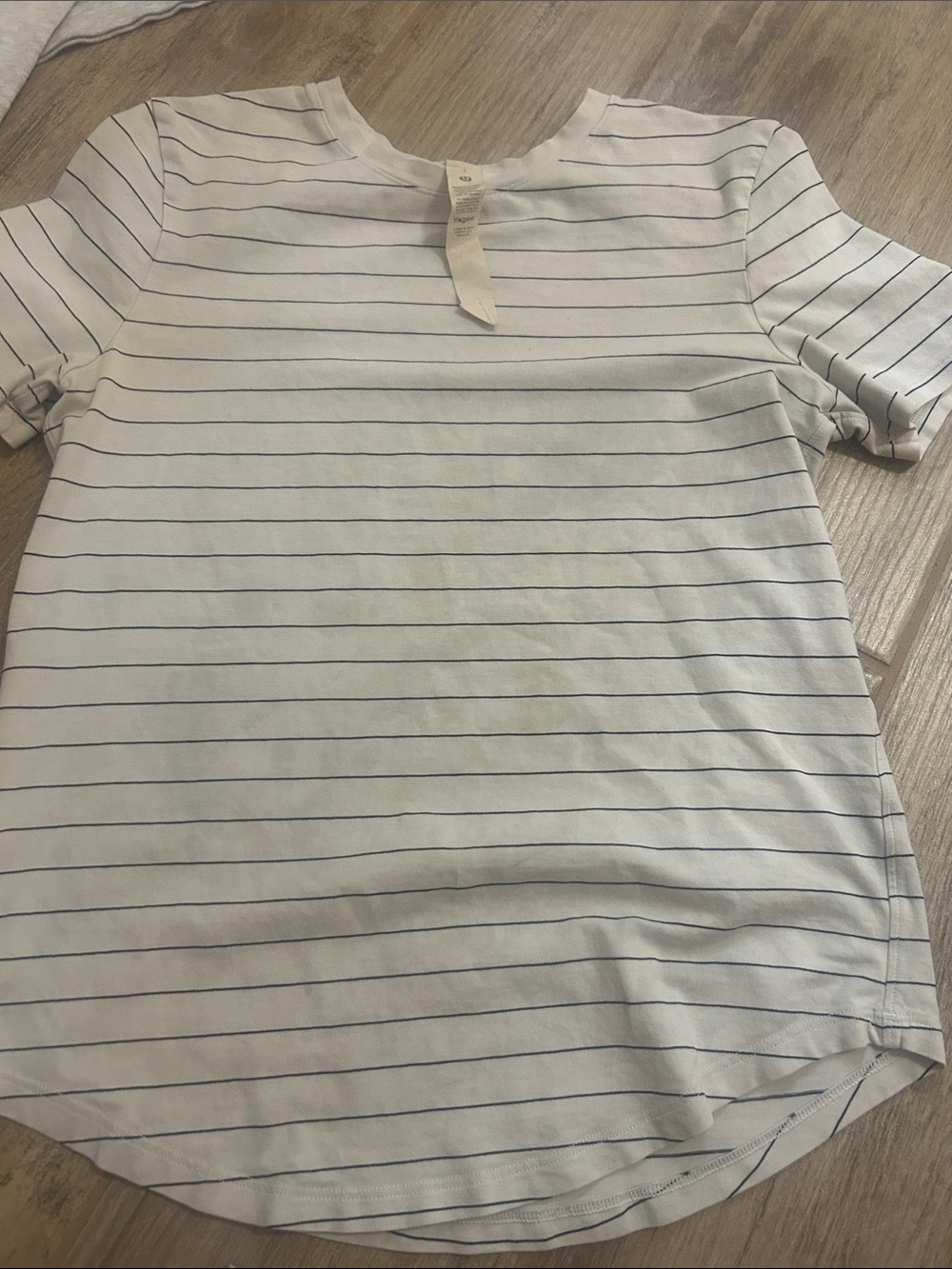 lululemon athletica White Tee with Thin Navy Stripes